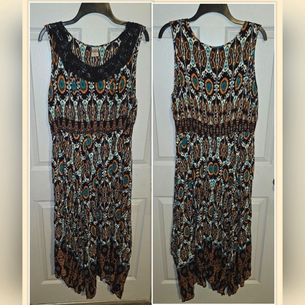 Bila Boho Maxi Dress Handkerchief Hem Stretch Waist Junior's XL or Women's L